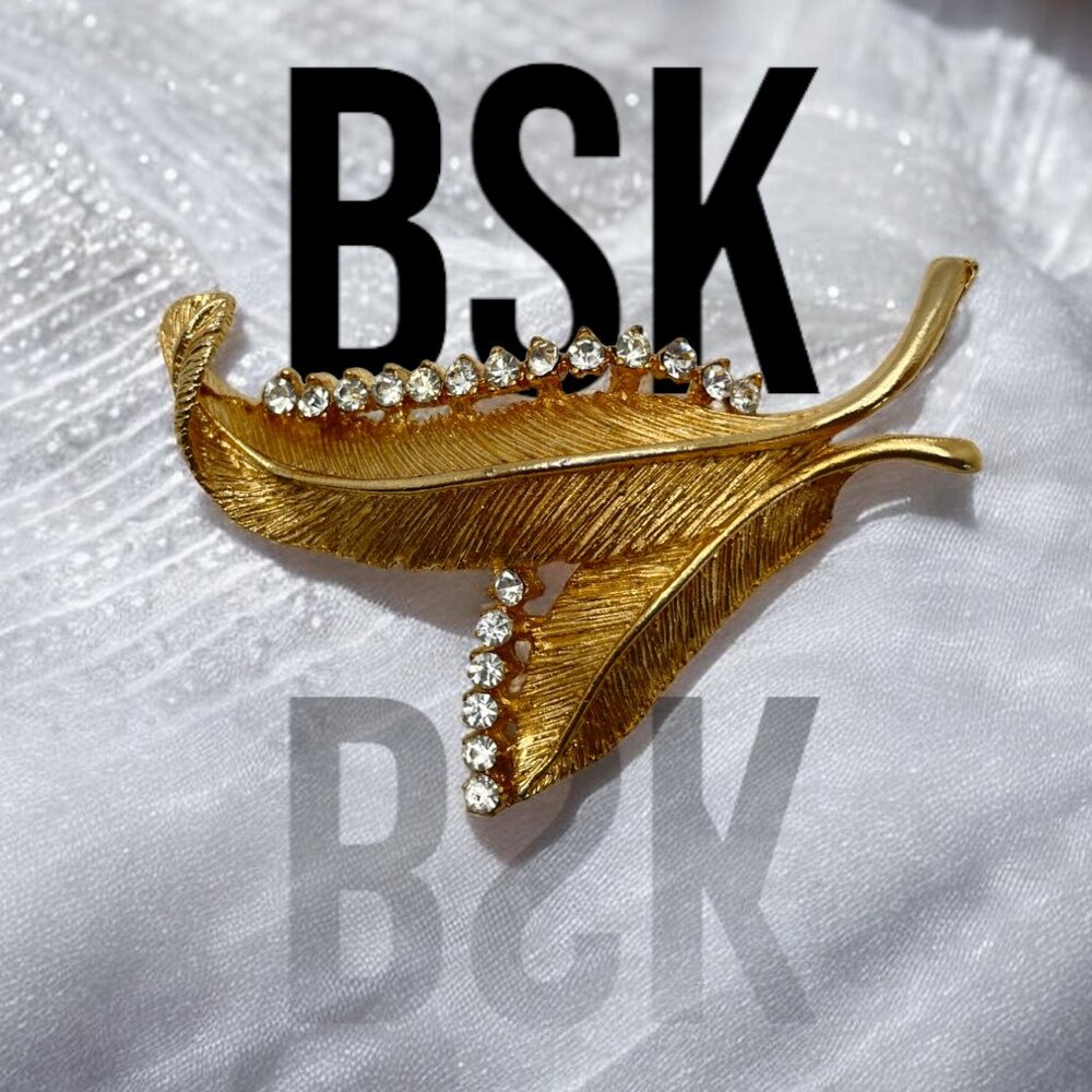 Vintage B.S.K. Rhinestone Leaves Brooch Pin Gold Tone Signed Designer Jewelry